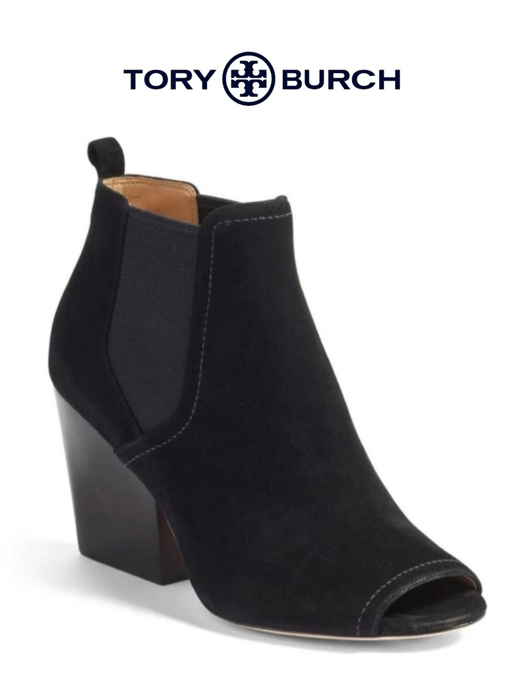 Tory Burch Gemma Black Suede Peep Toe Bootie Black